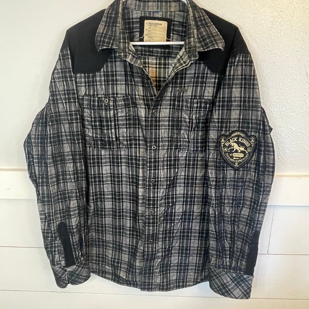 Rocawear Soft Corduroy Plaid "Black Kings" Gray Black Long Sleeve Shirt Men's XL